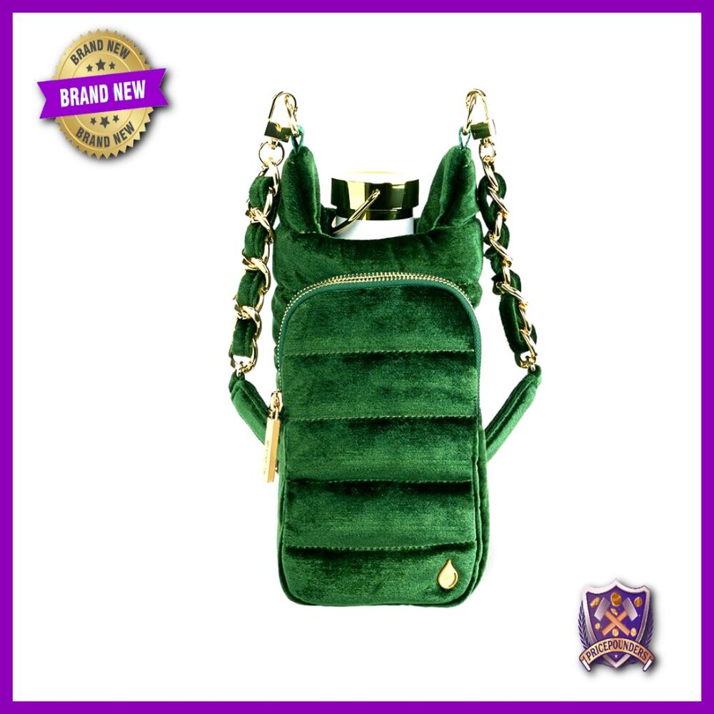 Velvet Crossbody Water Bottle Carrier With Gold Chain Strap And Phone Pocket
